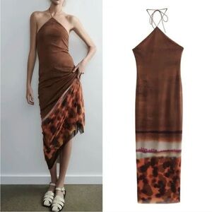 Zara Printed Halter Midi Dress - Brown - NWT - size L